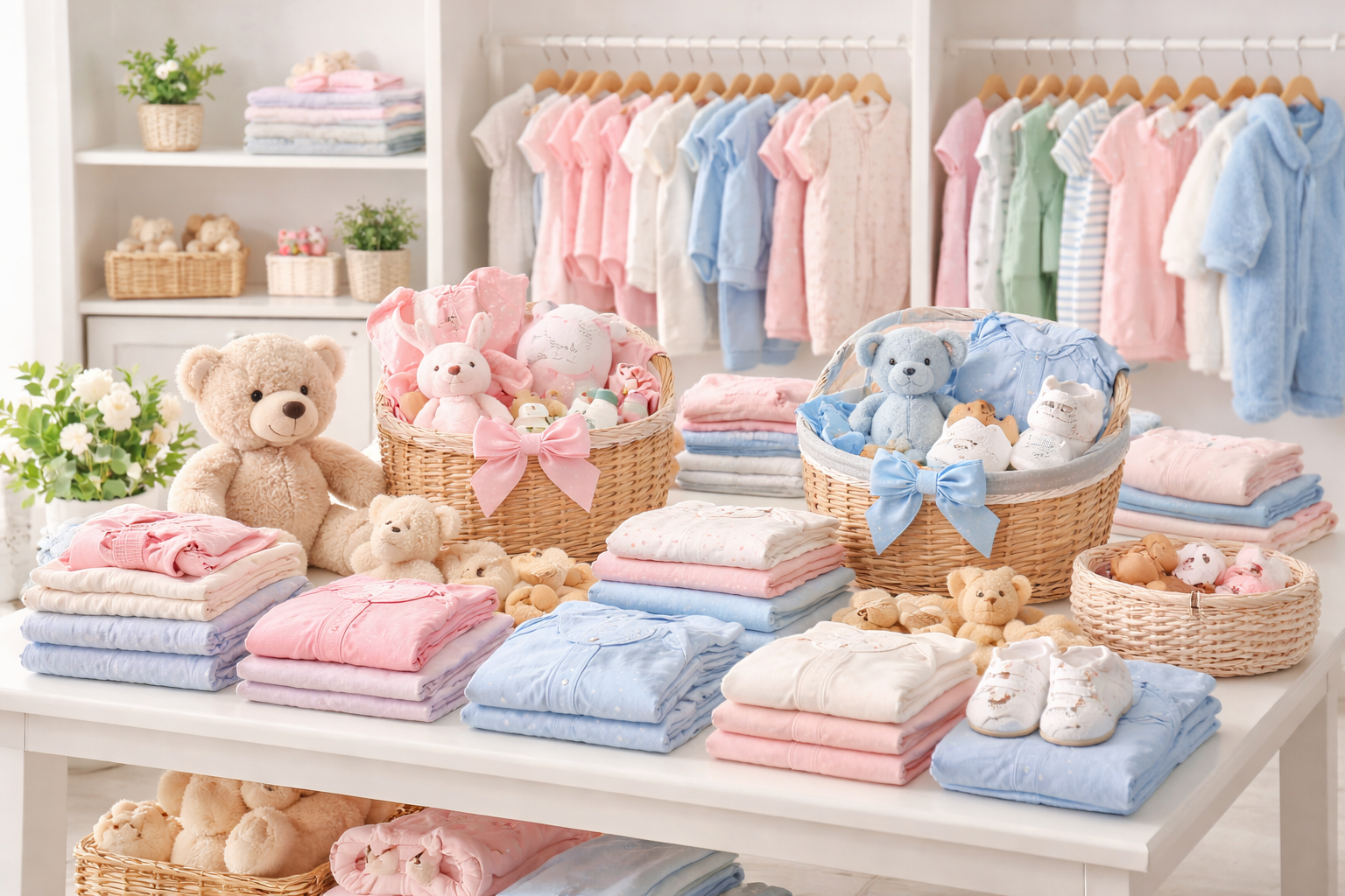 Baby- und Kinderkleidung in einem modernen Studio: Bodys, Strampler, Pyjamas, Overalls und Sommerkleider auf Regalen und Kleiderständern, helle freundliche Atmosphäre.
