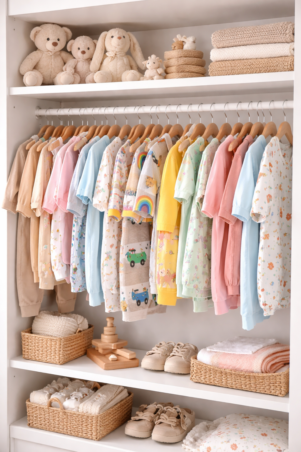 Bunte Babykleidung und Kinderkleidung auf Kleiderbügeln in einem weißen Schrank, perfekt für den Online-Shop