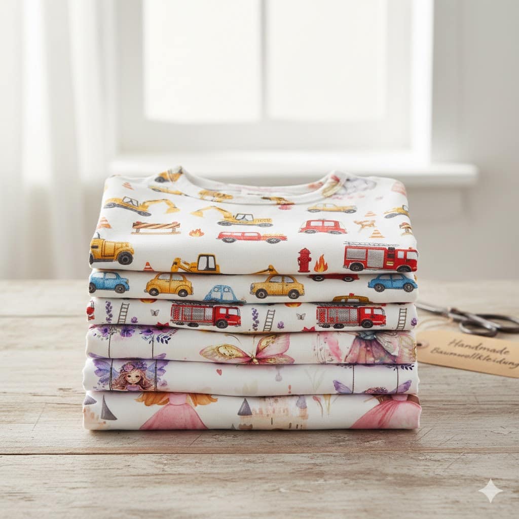 Gestapelte Kinderkleidung von Evybody: bunte Bodys, Hosen, Kleider und Pyjamas, ordentlich gefaltet, hochwertige Materialien, ideal für Webshops.