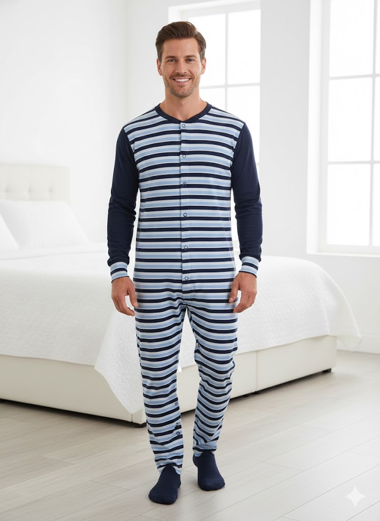 ABDL Kleidung für Erwachsene von Evybody: Erwachsener Mann trägt dunkelblau gestreiften Baumwoll-Overall, komfortabel, handgefertigt, auf Wunsch maßgefertigt