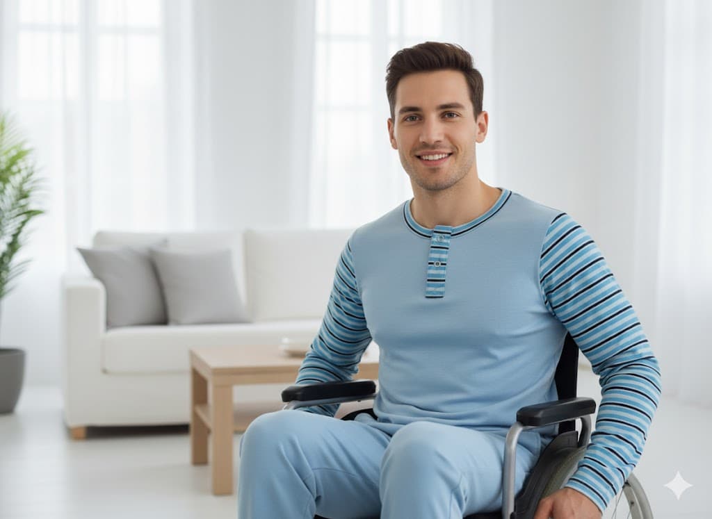 Kleidung für Erwachsene mit besonderen Bedürfnissen von Evybody: Erwachsener Mann im Rollstuhl trägt hellblauen, langärmligen Body und passende Hosen, komfortabel, pflegeleicht, auf Wunsch maßgefertigt, wenn Standardgröße nicht passt.