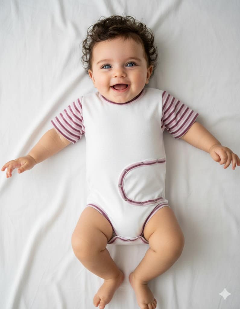 PEG-Body auf einem Baby-Mädchen – handgefertigte adaptive Kinderkleidung von Evybody