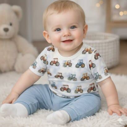 Kleiner Junge sitzt im Traktor Baby body, kurzarm