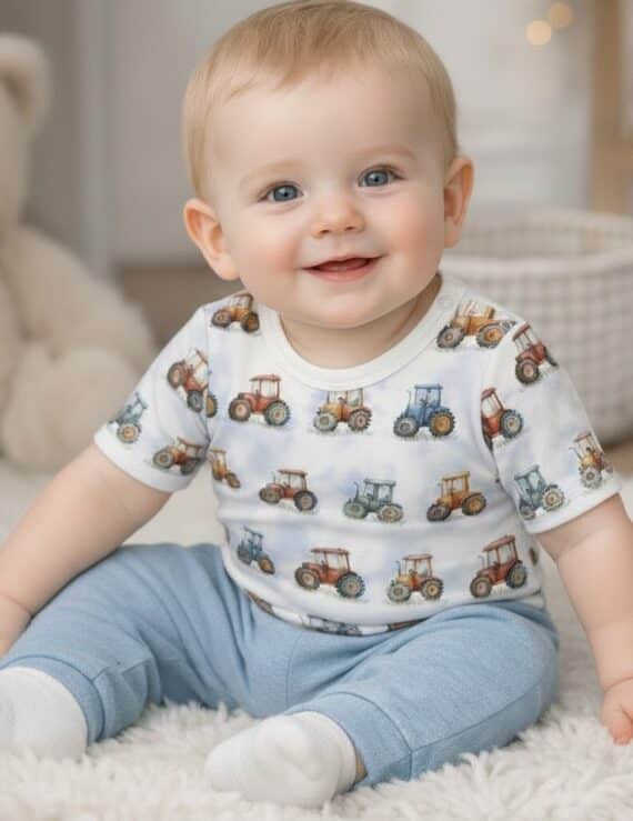 Kleiner Junge sitzt im Traktor Baby body, kurzarm