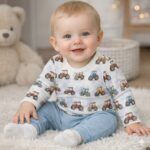 Kleiner Baby Junge trägt einen Traktor Langarm Body mit blauer Hose