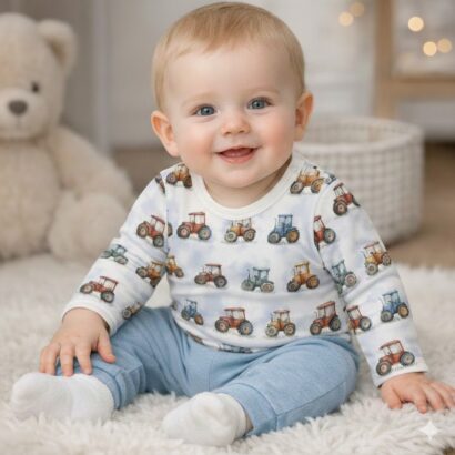 Kleiner Baby Junge trägt einen Traktor Langarm Body mit blauer Hose