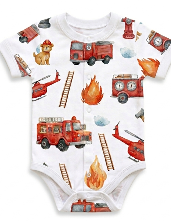 Baby Feuerwehr Auto Body, kurzarm, durchgehende Druckknöpfe, Feuerwehr-Auto Motiv