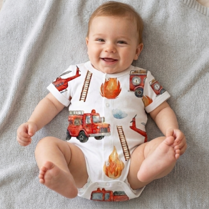 Baby trägt Baby Feuerwehr Auto Body, liegt auf dem Rücken mit hochgestreckten Beinen