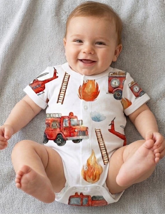 Baby trägt Baby Feuerwehr Auto Body, liegt auf dem Rücken mit hochgestreckten Beinen