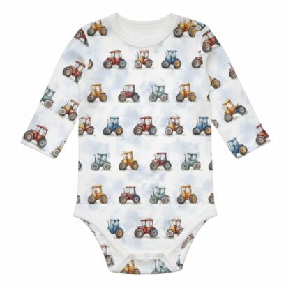 Langarm Baby-Body mit Traktor-Motiv für Jungen aus Baumwolle.