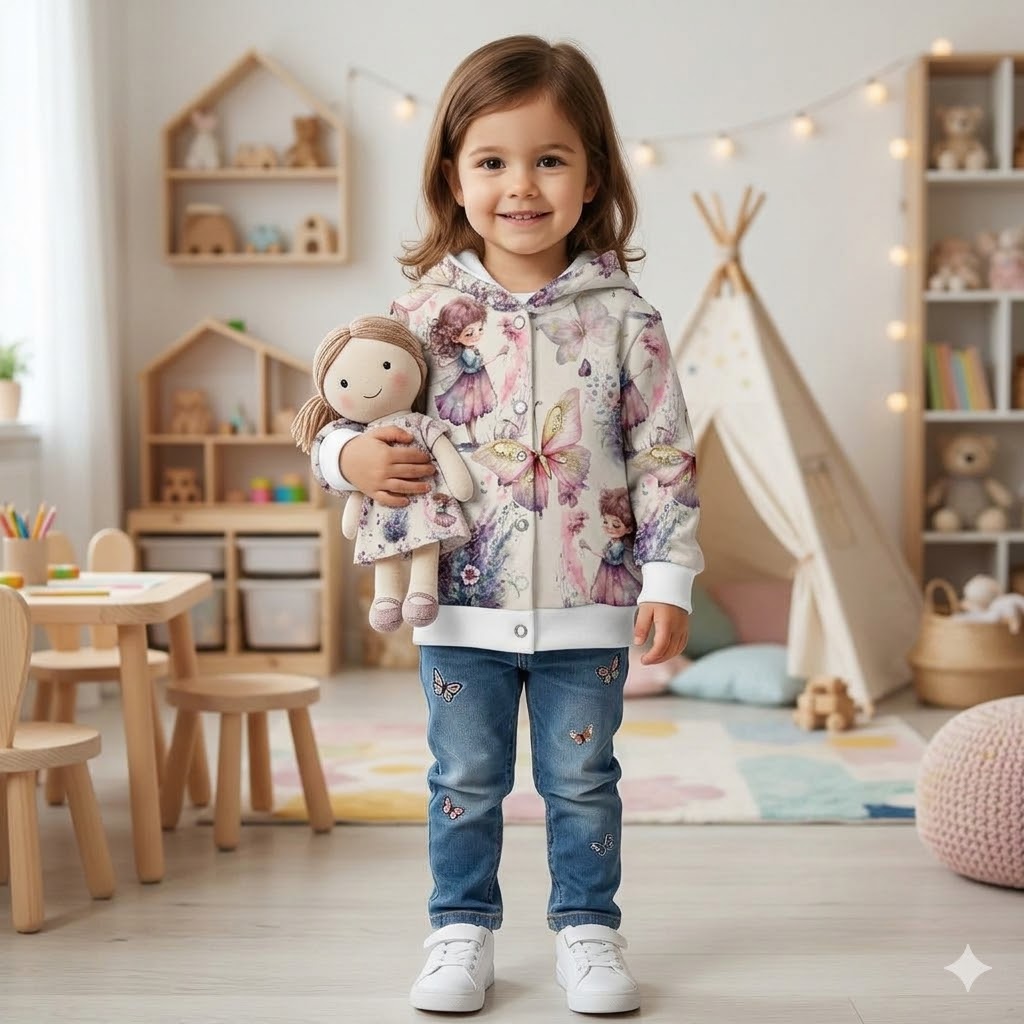 Dreijährige braunhaarige Mädchen trägt Feenkapuzenpullover und Jeans, hält ein weiches Kuscheltier im Kinderzimmer – Kinderkleidung Inspiration