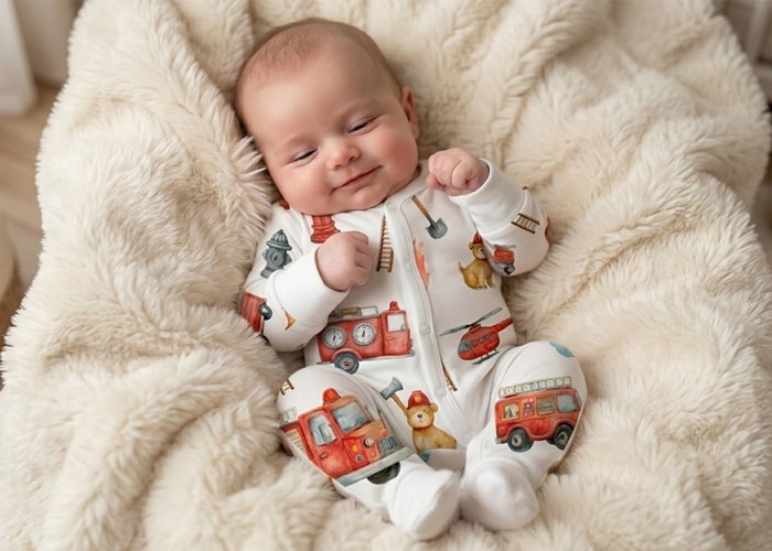 Baby in weißem Body mit roten Feuerwehrautos sitzt auf einem Fell.