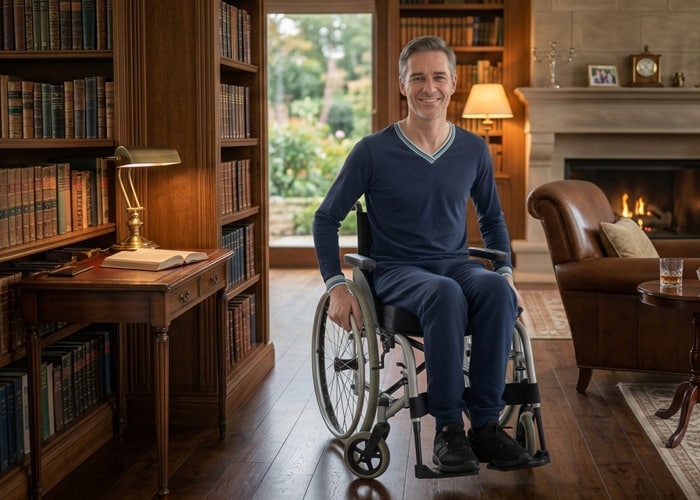 Erwachsener Mann im Rollstuhl trägt ein dunkelblaues Langarm-Body-Set mit langer Hose und lächelt.