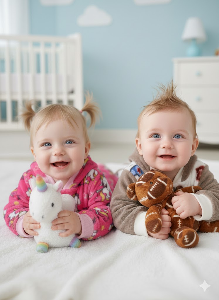 Baby Junge und Baby Mädchen liegen auf dem Bauch und schauen in die Kamera.