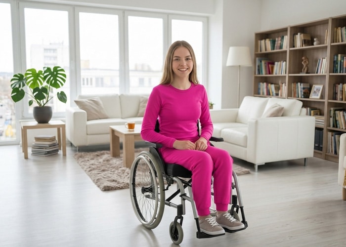 Teenager-Mädchen im Rollstuhl trägt ein pinkes Langarm-Body-Set mit langer Hose.