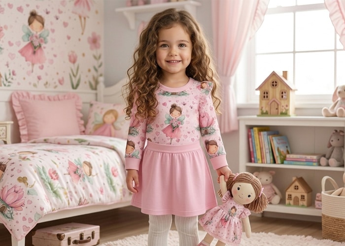 Kleines Mädchen mit langen braunen Haaren trägt ein rosa Feen-Langarm-Body und einen rosa Rock in einem Kinderzimmer.