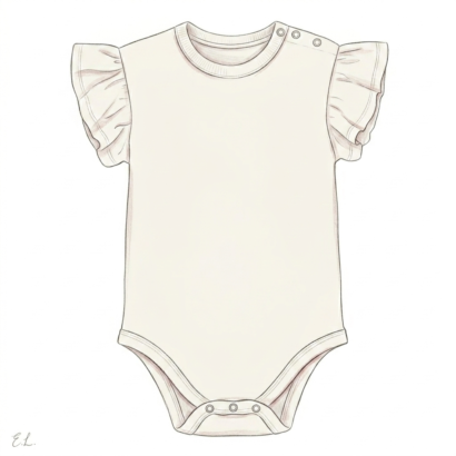 Zeichnung eines ärmellosen Babybodys mit Druckknopfverschluss an einer Schulter. Der Body hat schmale, dekorative Rüschen entlang der Armöffnungen.
