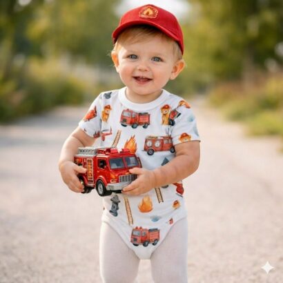 spezieller Baby Body Feuerwehr kurzarm Junge mit roter Baseballkappe und Spielzeug Feuerwehrauto