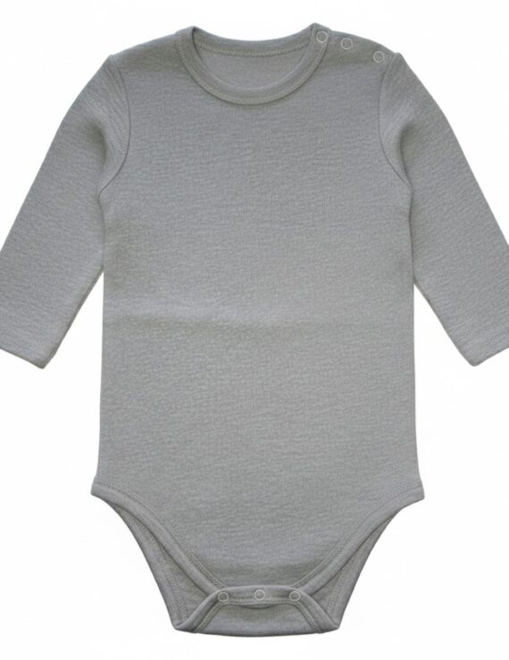 Langärmliger grauer Baby Body aus Baumwolle für Jungen.