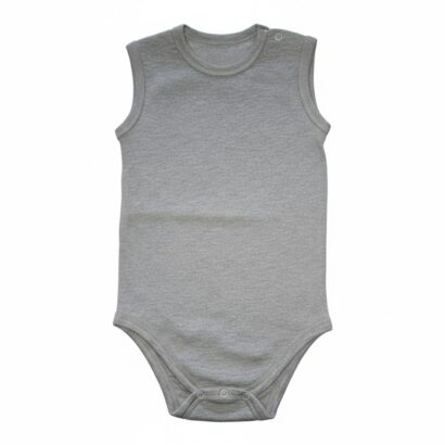 Ärmelloser grauer Baby Body aus Baumwolle für Jungen.