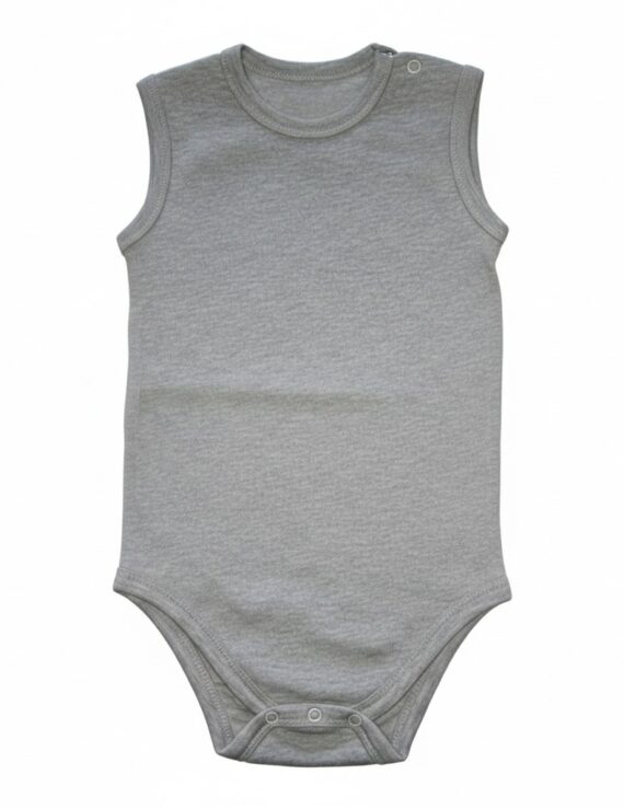 Ärmelloser grauer Baby Body aus Baumwolle für Jungen.