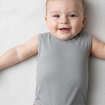 Baby liegt auf dem Rücken und trägt einen ärmellosen grauen Baumwoll-Body.