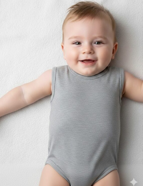 Baby liegt auf dem Rücken und trägt einen ärmellosen grauen Baumwoll-Body.