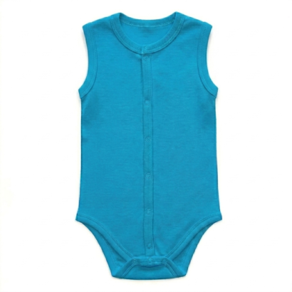 Ärmelloser türkiser Baby Body aus Baumwolle mit Druckknopfleiste vorne für Jungen.