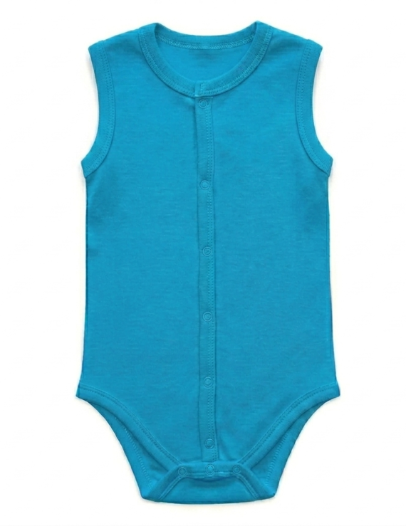 Ärmelloser türkiser Baby Body aus Baumwolle mit Druckknopfleiste vorne für Jungen.