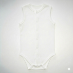 Baby Body Weiß Druck Ärmellos – ärmelloser weißer Baby Body aus Baumwolle mit durchgehender Druckknopfleiste für Jungen und Mädchen.