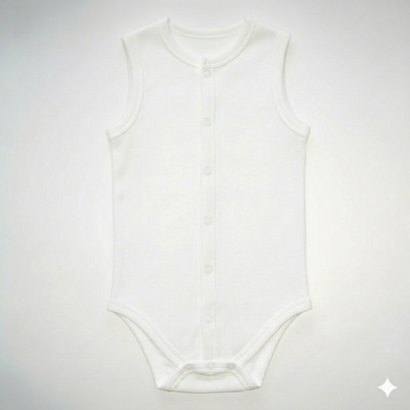 Baby Body Weiß Druck Ärmellos – ärmelloser weißer Baby Body aus Baumwolle mit durchgehender Druckknopfleiste für Jungen und Mädchen.