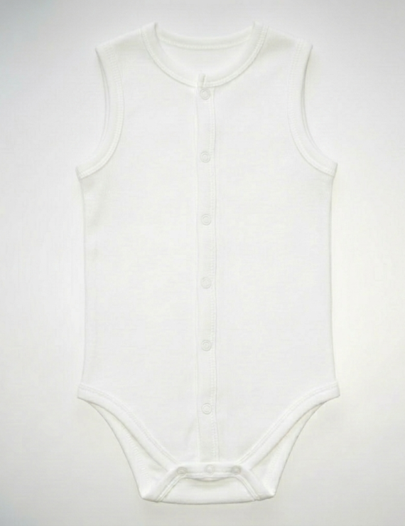Baby Body Weiß Druck Ärmellos – ärmelloser weißer Baby Body aus Baumwolle mit durchgehender Druckknopfleiste für Jungen und Mädchen.