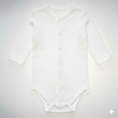 Baby Body Weiß Druck Langarm – Langärmliger weißer Baby Body aus Baumwolle mit durchgehender Druckknopfleiste für Jungen und Mädchen.
