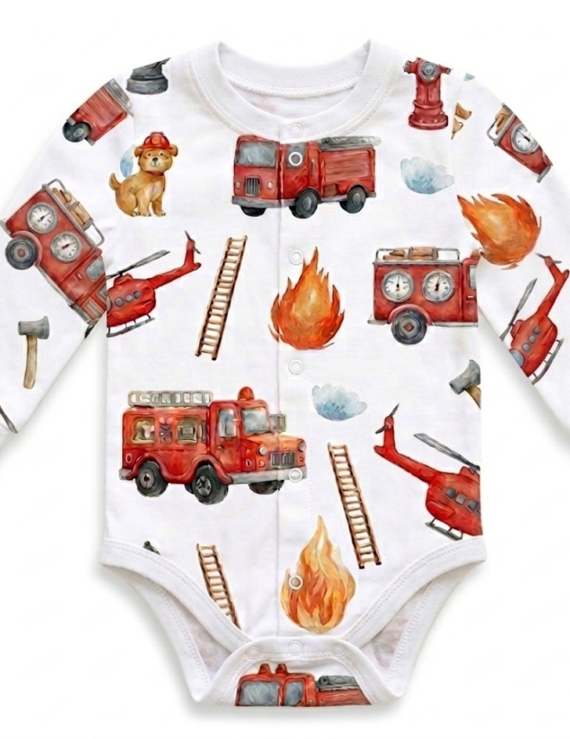 Baby-Body für Jungen – Feuerwehrmotiv, langärmlig, weiß mit roten Feuerwehrautos, handgefertigt in Europa