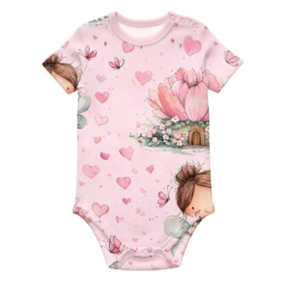 Baby-Body für Mädchen, rosa kurzärmlig mit Engelsmotiv, handgefertigt in Europa