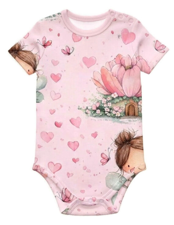Baby-Body für Mädchen, rosa kurzärmlig mit Engelsmotiv, handgefertigt in Europa