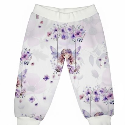 Baby-Hose für Mädchen mit lila Feen-Motiv auf weißem Hintergrund