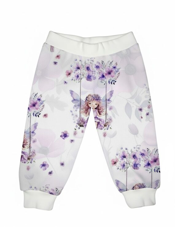 Baby-Hose für Mädchen mit lila Feen-Motiv auf weißem Hintergrund