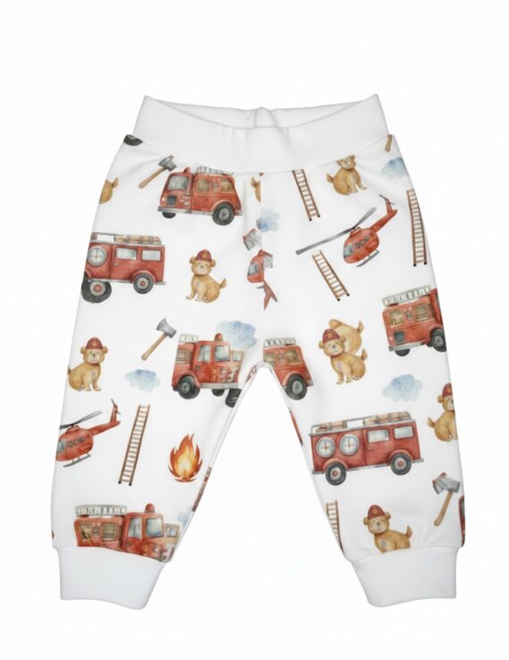 Baby-Langhose mit Feuerwehr-Motiv – Jungen Passhose mit weißem Bund und weißen Bündchen