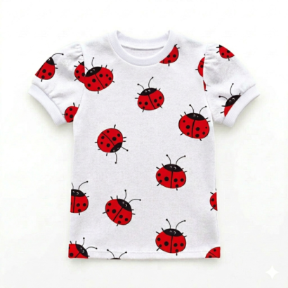 Weißes Baumwollshirt für Baby Mädchen mit rotem Marienkäfer Muster und Puffärmeln