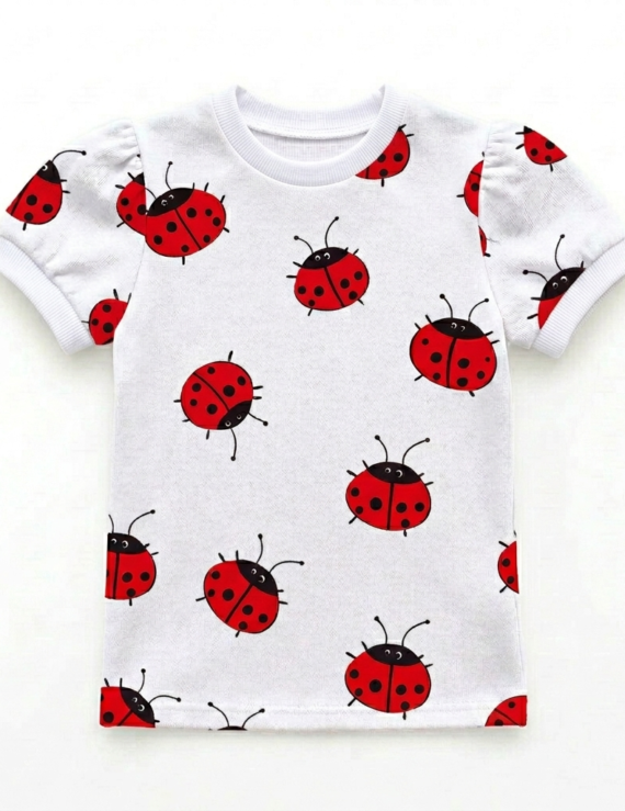 Weißes Baumwollshirt für Baby Mädchen mit rotem Marienkäfer Muster und Puffärmeln