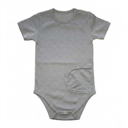Baby PEG Body für Jungen, kurzärmlig, grau, speziell für Babys mit PEG-Sonde, weich und bequem
