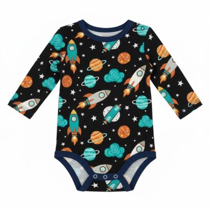 Langärmliger dunkelblauer Baby Body aus Baumwolle mit Planeten-Motiv für Jungen.