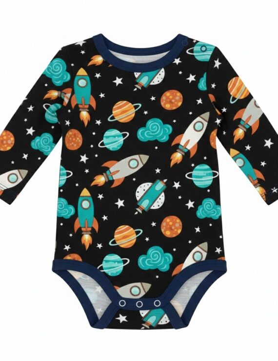 Langärmliger dunkelblauer Baby Body aus Baumwolle mit Planeten-Motiv für Jungen.
