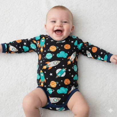 Baby Junge liegt auf dem Rücken und lacht, trägt einen langärmligen dunkelblauen Body mit Planeten-Motiv.