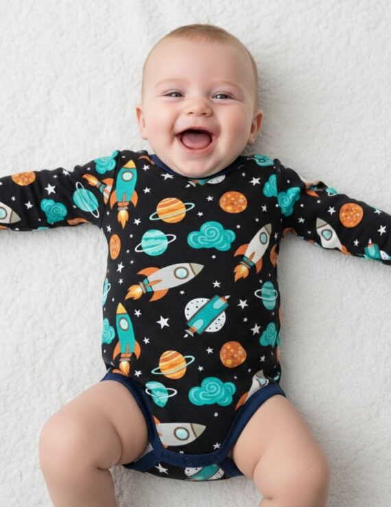 Baby Junge liegt auf dem Rücken und lacht, trägt einen langärmligen dunkelblauen Body mit Planeten-Motiv.