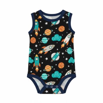 Ärmelloser dunkelblauer Baby Body aus Baumwolle mit Planeten-Motiv für Jungen.