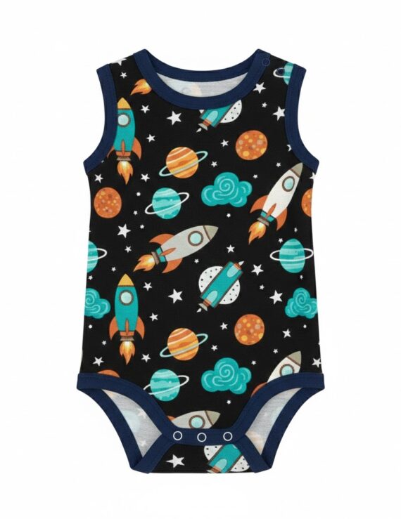 Ärmelloser dunkelblauer Baby Body aus Baumwolle mit Planeten-Motiv für Jungen.
