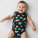 Baby Junge liegt auf dem Rücken und trägt einen ärmellosen dunkelblauen Body mit Planeten-Motiv.