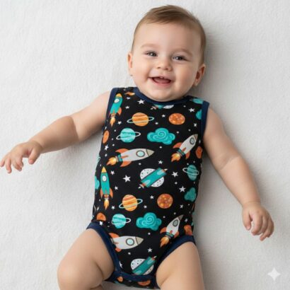 Baby Junge liegt auf dem Rücken und trägt einen ärmellosen dunkelblauen Body mit Planeten-Motiv.